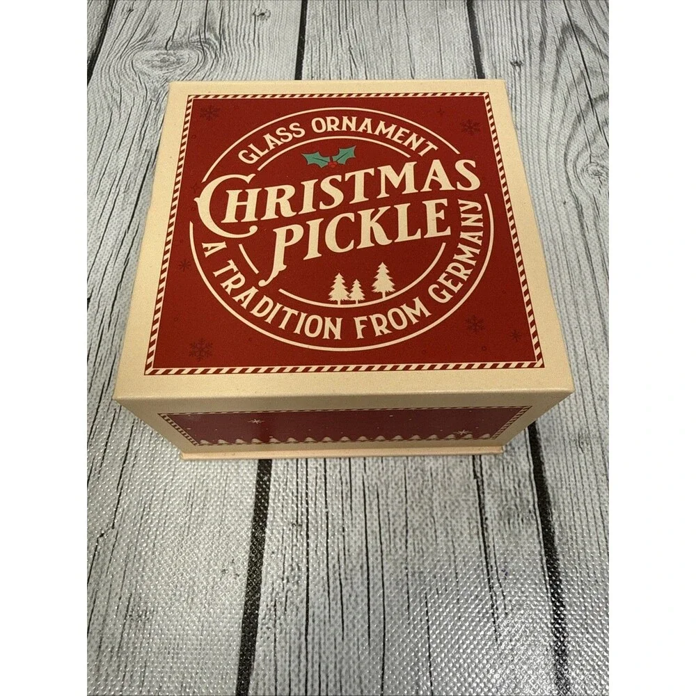 Mint Christmas Pickle Glass Ornament Set with Winner Cards and Gold Stickers